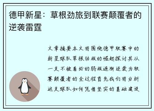 德甲新星：草根劲旅到联赛颠覆者的逆袭雷霆